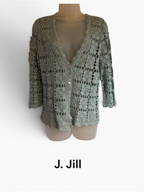 J. Jill Crochet Cotton/Linen Button-Front Cardigan SMALL    #V